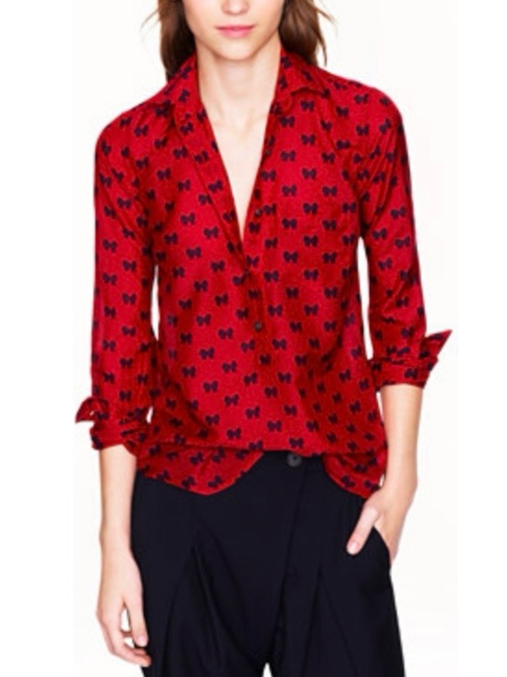 J. Crew Burgandy Bow-Print Silk Blouse